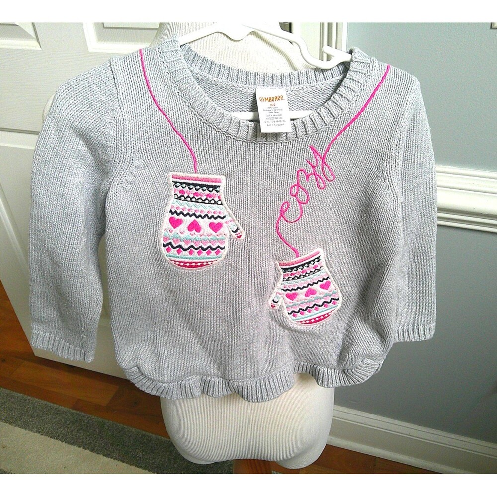 Gymboree Toddler 2T Gray Cotton Sweater with Embroidered Colorful Mittens "COZY"